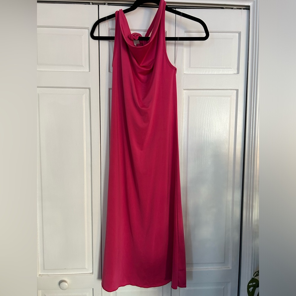 Hot Pink Bodycon Stretch Halter Midi Dress